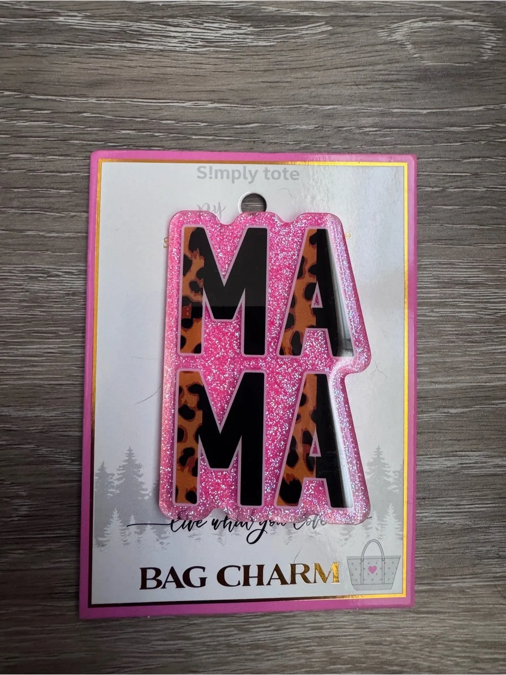 Simply Southern Pink Glitter MAMA Bag Charm with Leopard Accent